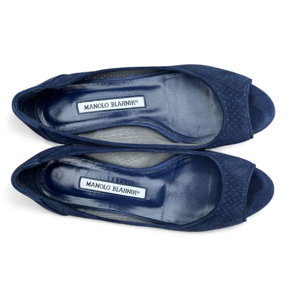 Manolo Blahnik Navy Blue Suede Peep Toe Flats 35.5 - Picture 6 of 9